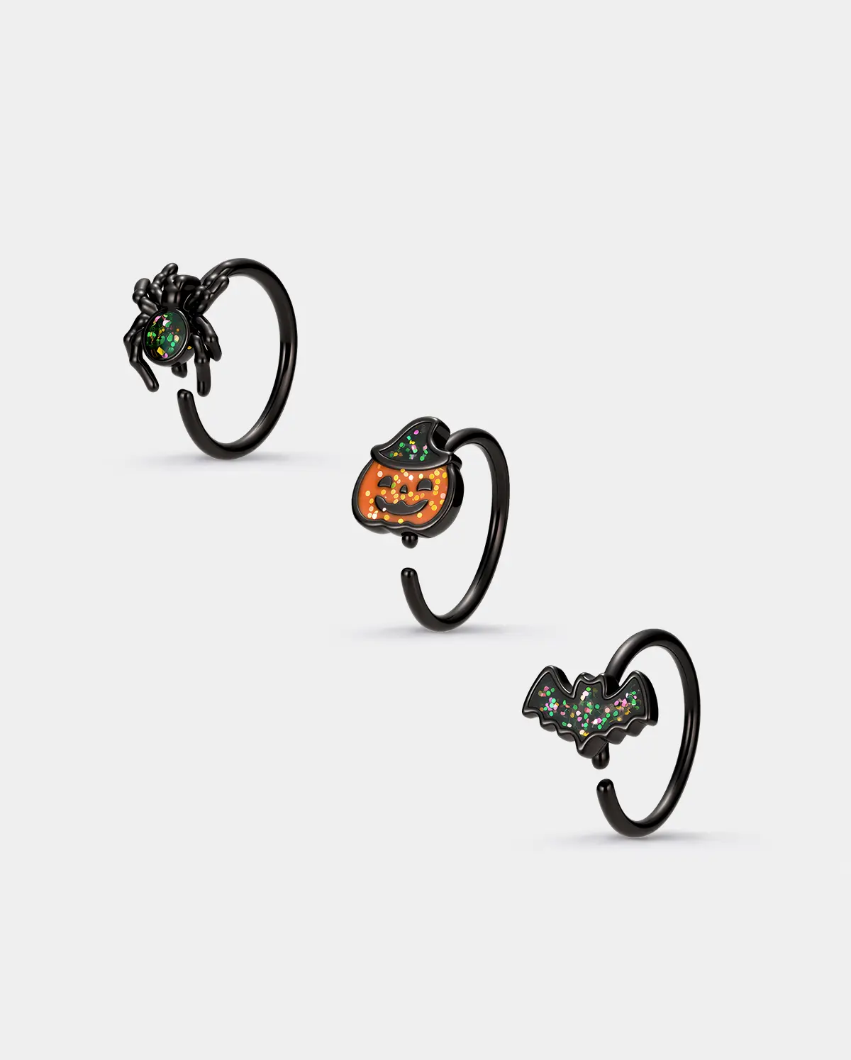 OUFER 3pcs Halloween Glitter Pumpkin Spider Bat Nostril Piercing Ring