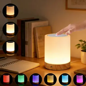 Touch Control Night Light, 7 Color Changing Bedside Table Lamp, USB Rechargeable LED Atmosphere Lamp with Wood Grain Base, Cordless Mood Lighting Nursery Light for Bedroom Living Room Kids Gift