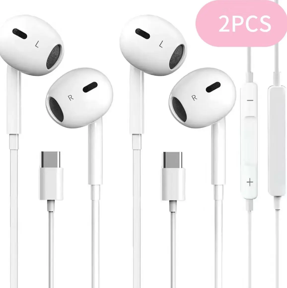 2 Pack USB Type-C Wired In Ear Earbuds with Microphone & Remote Control, Wired Headphones for Calling Music, Compatible iPhone 15/16/17 Android Smartphones