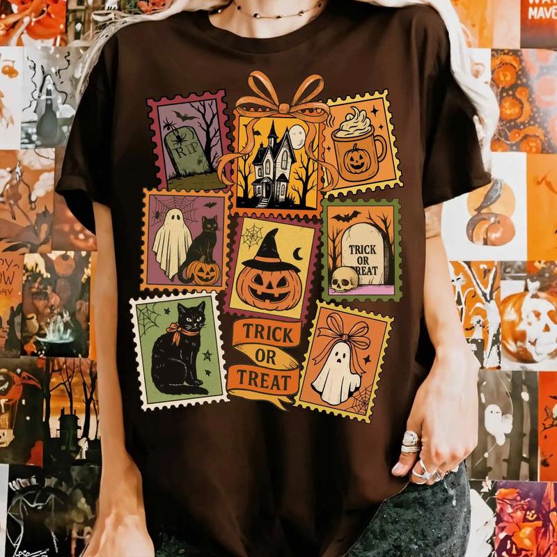 Women's Pure Cotton Crew Neck Fitted Cut Halloween T-Shirt - Lightweight, Vintage Postage Stamp Ghost Print, Black Cat, Pumpkin, Cute Kawaii Casual Short Sleeve Fall Outfit Top