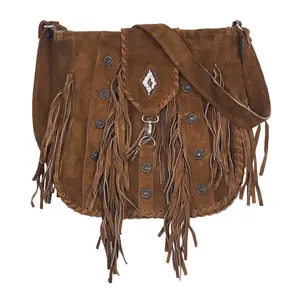 Women’s Vintage Brown Fringe Purse With Decorative Studs And Beaded Accent