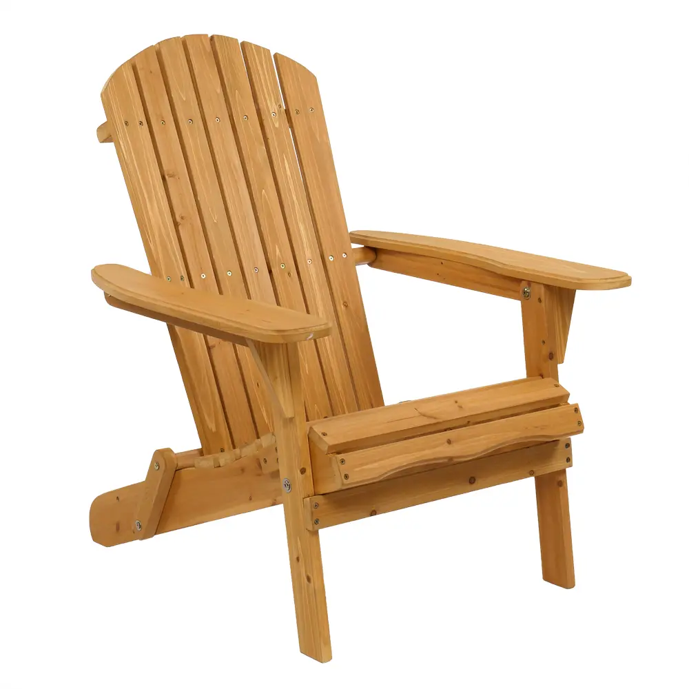 Single Person Solid Wood Folding Adirondack Chair - Outdoor Slotted Patio Lounger with Natural Finish, Wide Arms, Slotted Drainage, 28.5x30.5x35.4in/72.5x77.5x90cm, Compact Seating Solution for Deck, Porch, Adirondack Chairs, Folding Chairs
