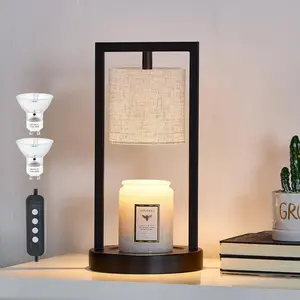 Candle Warmer Lamp with Timer, Black Candle Lamps Linen Fabric Shade, 3-Level Dimmable Candle Warming Wax Melt Warmer for Scented Wax, 50W Electric Warmer Lamp for Women  Decor (2 Bulbs Included)