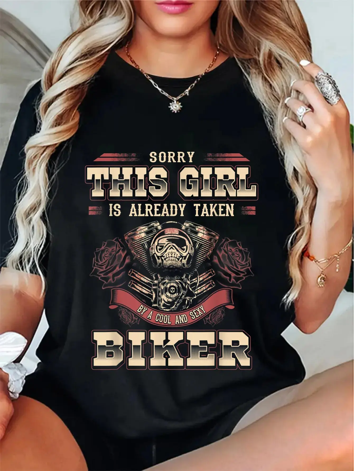 Cotton Biker Already Taken Skull Rose Motorcycle T-Shirt