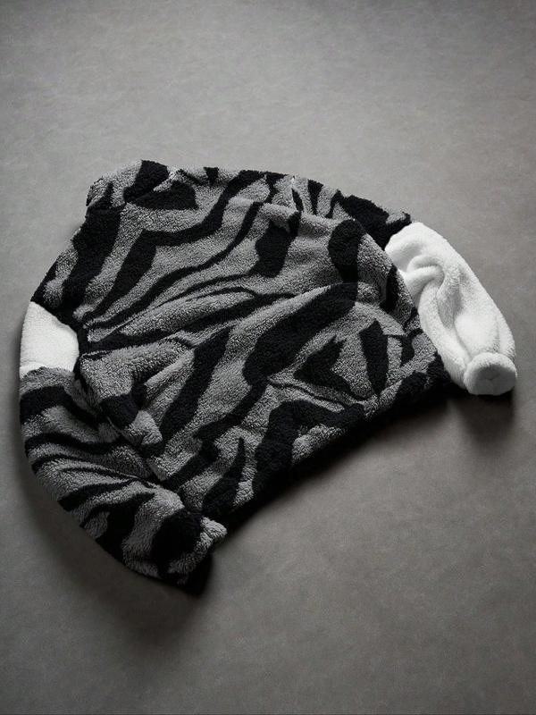 Men's Loose Tribal Pattern Fleece Jacket, Warm Thick Lamb Fur Coat, Camo Print, High Neck Full Zip Outerwear, Winter Street Style