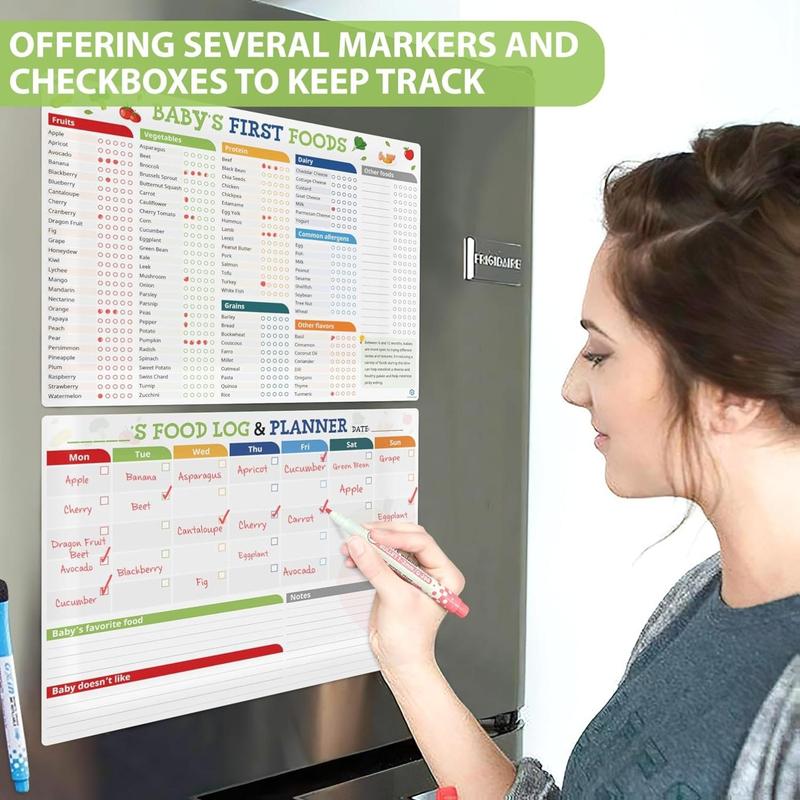 Baby Food Tracker - 101 First Foods Meal Planner & Nutrition Chart Magnets | Set of 2 Dry Erase Posters for Fridge | 101 First Foods Meal Planner Before Age 1 Checklist