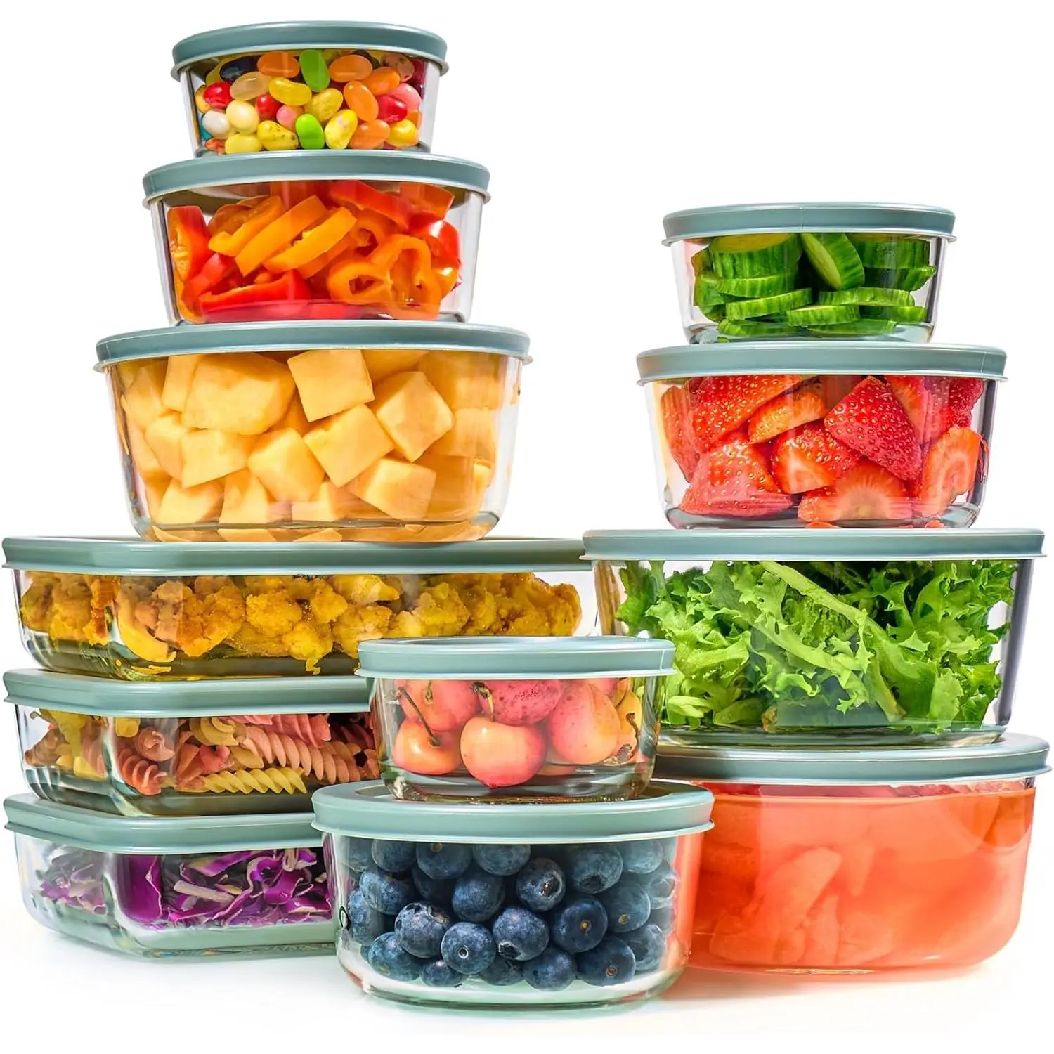 24pc Multi-Size Round & Rectangular Glass Food Storage Containers & Bowls with Airtight Leakproof BPA-Free Lids - Oven Safe Meal Prep Stackable Lunch Boxes for Meal Preppers, Kitchen Pantry Organizers - Microwave Freezer Dishwasher Safe