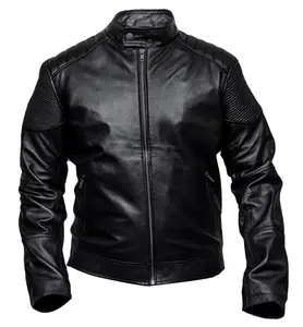 Men's Black Genuine Sheepskin Real Leather Biker Jacket, Men's Black Leather Slim Fit Motorcycle Café Racer Biker Jacket,