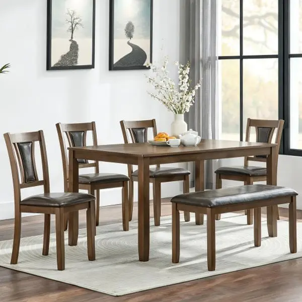 Farmhouse Rustic 6-Piece Dining Table Set for Family & Adults - Sturdy Wooden Set with Bench, 4 Ergonomic Chairs, 330 lbs Capacity, Walnut Finish for Dining Room, Kitchen, Rustic Charm Dining Room Sets