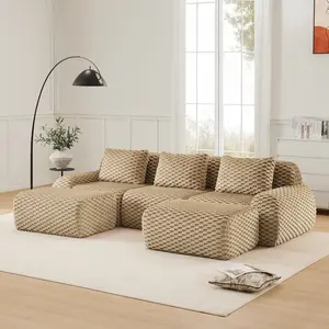 Eyisean 114" Flannelette Modular Boneless Sectional Sofa with Highly Textured, 32D High Density Sponge Cloud Couch with 3 Pillows, No Assembly Required, Comfy Compression Sofa for Living Room, Apartment