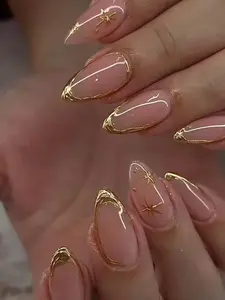 24Pcs Long Almond 3D Gel Press-On Nails | French Tip Acrylic False Nails