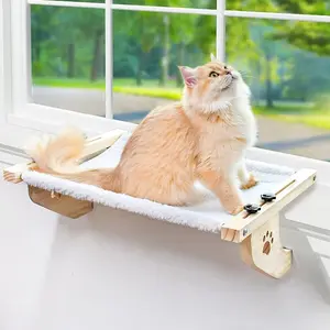 Petwhole Cat Window Sill Perch - Natural Wood & Metal Frame for large Cats and Kittens Pets , Adjustable Foldable Cat Window Bed with Large Load Capacity,Universal Fit for All Windowsills & Bedside,Easy to Adjust