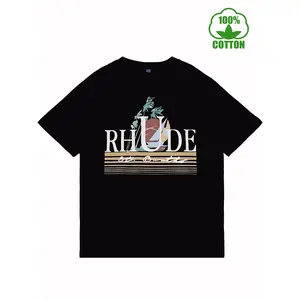 Men'S Casual Crew Neck T-Shirt - 100% Cotton Knit Fabric, Rhude Graphic Print, Short Sleeve, Regular Fit, Slight Stretch, All-Season Pullover