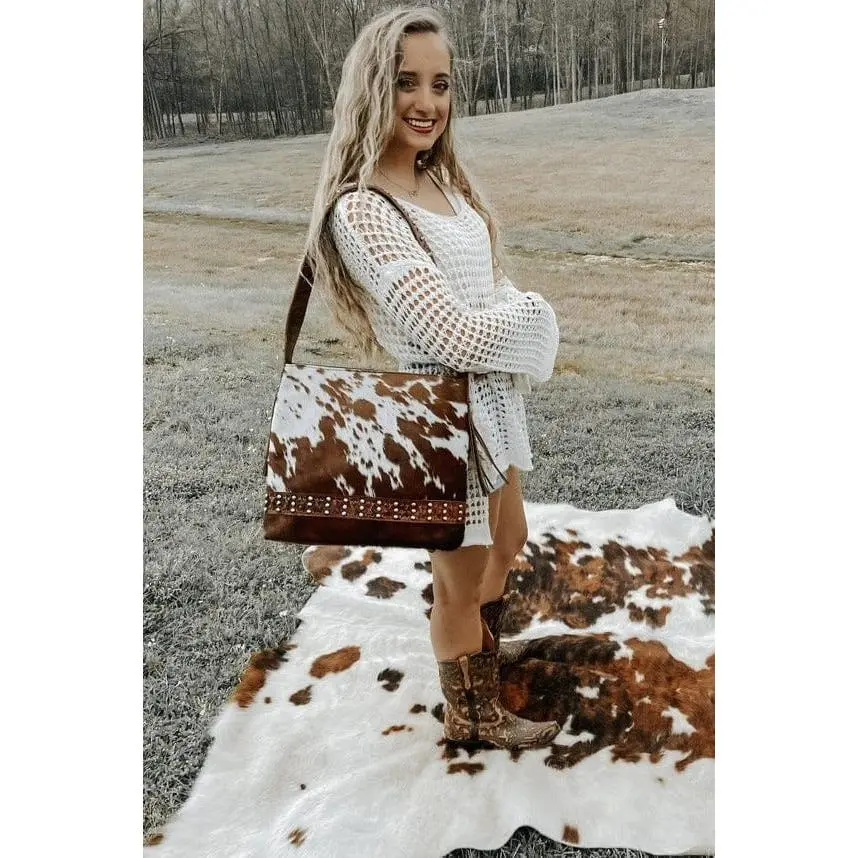 Women's Western-Inspired Genuine Cow Hide Leather Tote Bag - Natural, Roomy Casual Shoulder Purse with 1-of-a-Kind Cross-Stitching, Metal Hardware, Zip Closure for Casual Outings