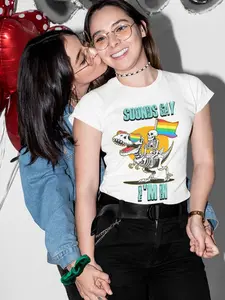 Sounds Gay Im In Tshirt with Skeleton on Dinosaur & Rainbow Flag Black or White Top Womenswear Customized Graphic Streetwear