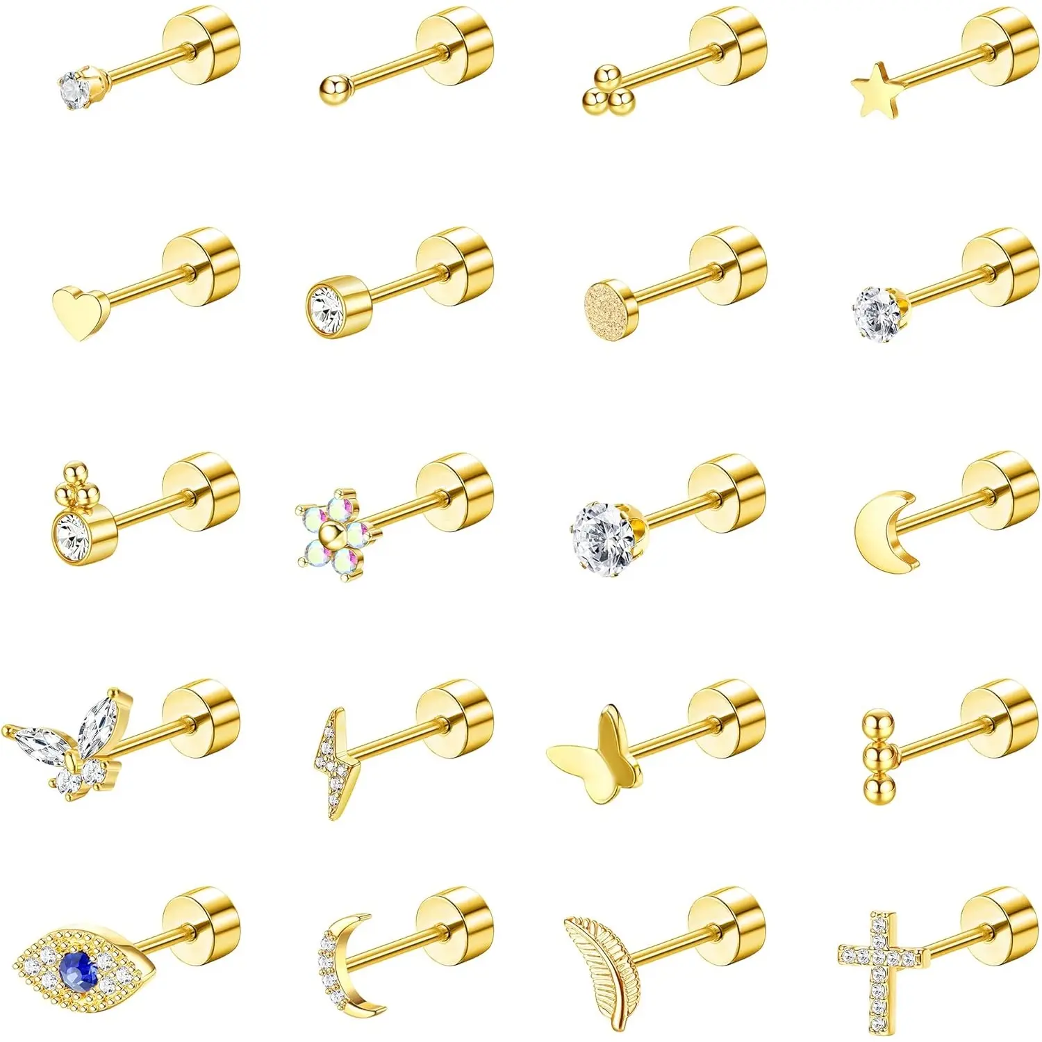 YADOCA 20Pcs Stainless Steel Flat Back Earrings for Women Men 20G Small Cartilage Stud Earrings Hypoallergenic CZ Butterfly Heart Eye Small Screw Back Earrings Set Multiple Piercing Jewelry