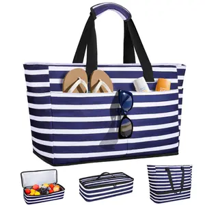 Beach Bag with Cooler, 49L Large Family Beach Tote with Zipper, Waterproof Sandproof Beach Bags for Women and Men, Foldable Lightweight Travel Bag for Pool, Picnic, Gym
