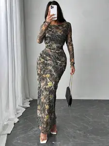 Long Sleeve Oil Painting Print Casual Mesh Dress, Perfect for Parties, Graduation Ceremonies, Dates, Women's Ultra-Long Fashion