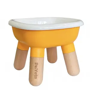 PEIYATA Ceramic Pet Feeding Bowl with Beech Wood Legs Non-slip Pad & Acrylonitrile Butadiene Styrene Stand Yellow Base Weighted Food or Water for Cats & Small Dogs Bowl Capacity 13.5OZ
