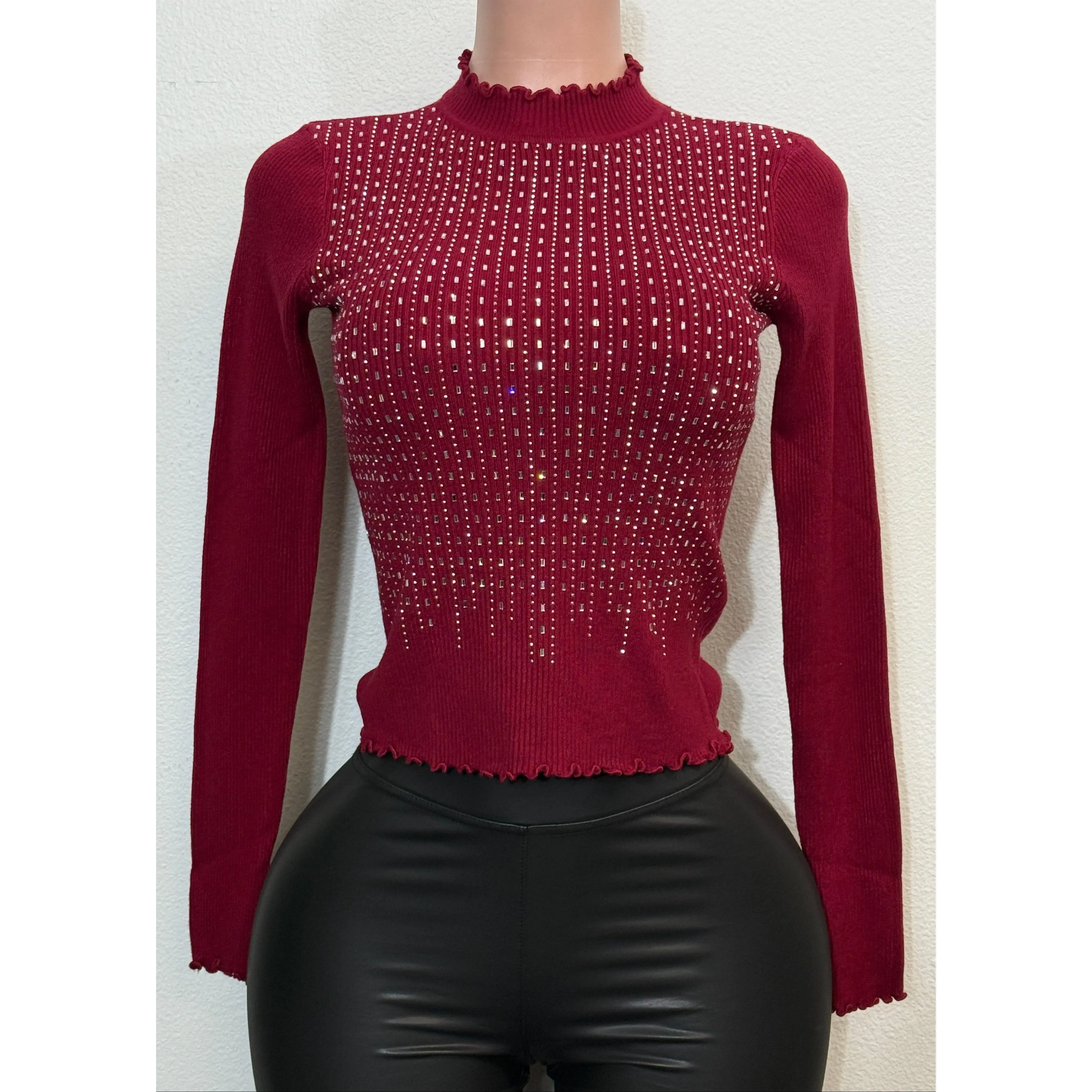 MALIA BURGUNDY RHINESTONE LONG SLEEVE HIGH NECK SWEATER TOP