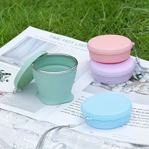 Collapsible Travel Cup with Lid, Food-Grade Silicone Folding Cup with Stainless Steel Rim - 200ml Portable Pocket Cup for Mouthwash, Pills, Hiking, Camping & Kids (Glacier Blue)