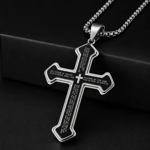 Men's Engraved Bible Verse Stainless Steel Cross Necklace - Rust-Proof Faith Jewelry, Christian Crucifix Accessory, Durable Chain for Birthday Mens Gifts, Costume Fashion Necklace, Cross Necklaces
