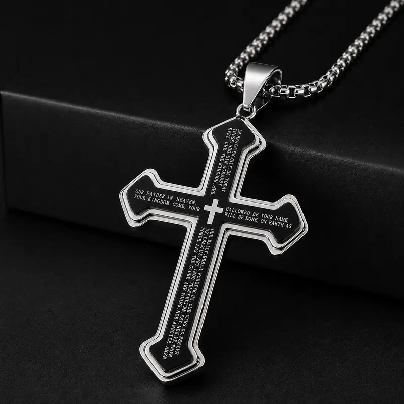 Men's Engraved Bible Verse Stainless Steel Cross Necklace - Rust-Proof Faith Jewelry, Christian Crucifix Accessory, Durable Chain for Birthday Mens Gifts, Costume Fashion Necklace, Cross Necklaces