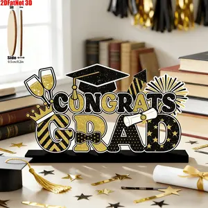 2D Graduation Table Sign, and, Wooden Base, Centerpiece Decor, Suitable for Desk Shelf, Fireplace Shelf, Party Supplies