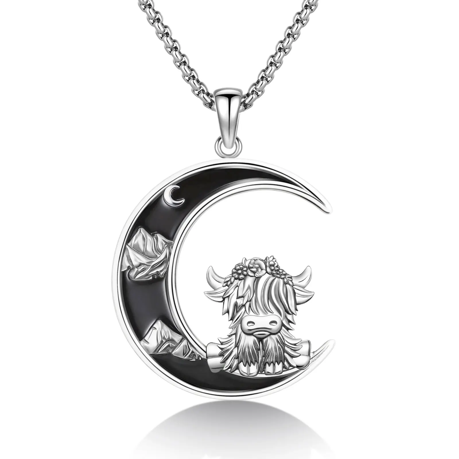 Moon Highland Cow Necklace Silver Jewelry Animal Pendant Necklace Gifts for Women Men Anniversary Graduation Birthday Christmas Mothers Day Valentine's Day