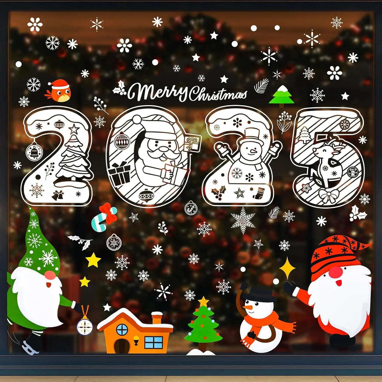 2025 Christmas Window Clings - 131Pcs Christmas Windows Stickers for Glass, Non-Adhesive Static PVC, Santa, Snowman, Elk, Xmas Trees, Snowflakes Window Decorations, Xmas Decor, 6 Sheets