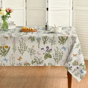 1 Spring Watercolor Wildflower and Herb Rectangular Tablecloth, 100% Polyester, Woven, Washed, Suitable for Decorating Parties, Picnics, and Dinners, Picnic Table Cover