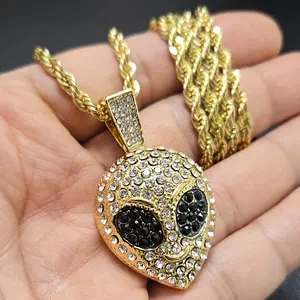 Alien Cubic Zirconia Iced Charm Pendant & 4mm 18" 20" 24" Rope Chain Necklace Fashion Jewelry Gift For Men, Women, Unisex