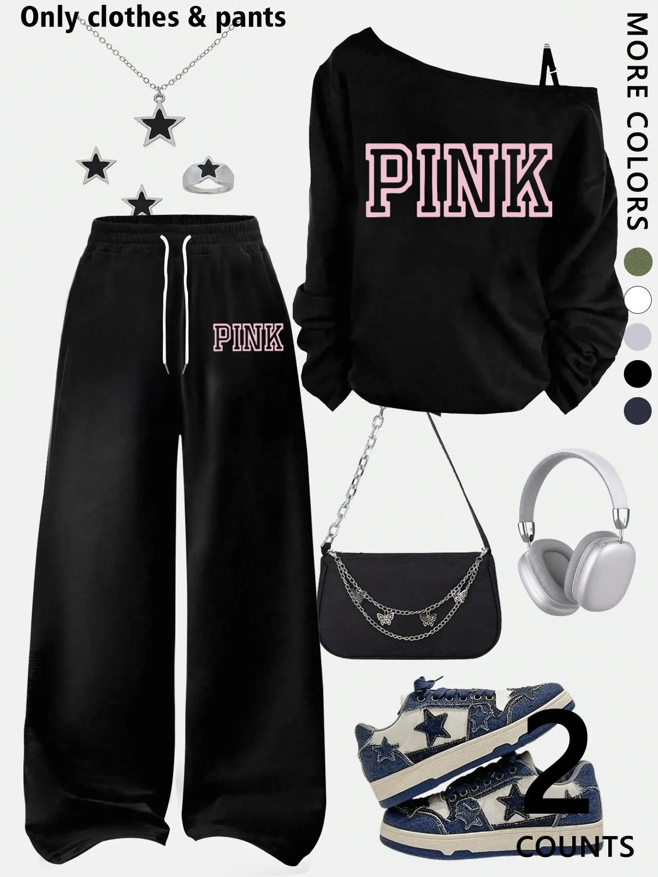 A women's off-shoulder pink graphic pattern top and wide-leg casual pants, a loose-fitting Baggy oversized casual long-sleeved top with a letter print paired with loose-fitting adjustable drawstring pants, Lightweight, soft, versatile Womenswear Clothes