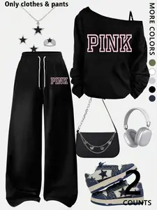 A teenage girl's/women off-shoulder pink graphic pattern top and wide-leg casual pants; a loose-fitting, oversized casual long-sleeved top with a letter print paired with loose-fitting adjustable drawstring pants; soft, suitable for women, and versatile.