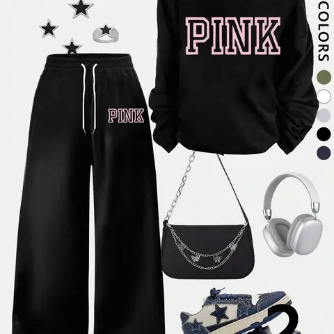 Women's off-shoulder pink pattern top and wide-leg trousers, a loose-fitting, oversized long-sleeved top with letter print paired with drawstring trousers, Summer matching sets, soft, versatile