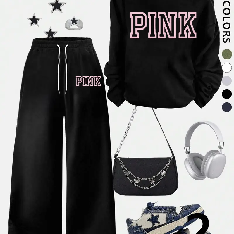 Women's off-shoulder pink pattern top and wide-leg trousers, a loose-fitting, oversized long-sleeved top with letter print paired with drawstring trousers, Summer matching sets, soft, versatile