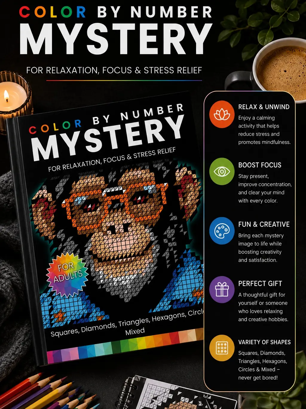 Color by Number Mystery: 50 Mystery Coloring Book Pages with Hidden Images for Relaxation, Focus, and Stress Relief
