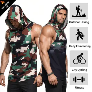 Men’s two-piece set: sleeveless zip-up hoodie in breathable camouflage mesh athletic fabric, suitable for gym training. Men’s sleeveless hooded top; men’s hooded sweatshirt.