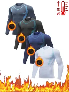 4PCS Men's Thermal Long Sleeve Compression Top Blue Printed Crew Neck Slim Fit Thermal T-Shirt for Sports Running, Fitness, Yoga, Outdoor Activities Top Classic Menswear Tshirt