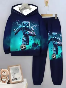 Boys' Fashion Print Hoodie Set, Husky Boy Clothes, Football Pattern Design, Casual Silk Fabric, Regular Length, Fitted Style, Fall & Winter Wear, Hoodies
