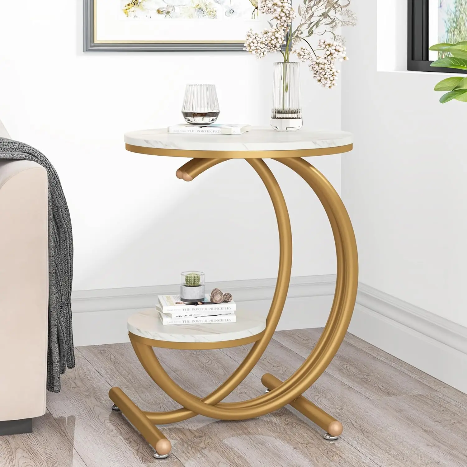 Tribesigns Modern 2-Tier Side Table Round End Table with C-Shaped Frame, Small Coffee Accent Table for Living Room, Bedroom, Guest Rooms, Small Spaces