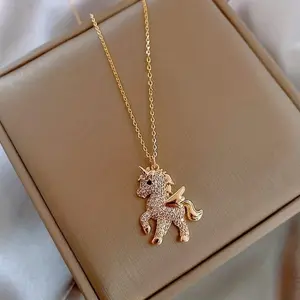 Creative Shiny Cute Unicorn Pendant Dangling Charm Necklace - Fashionable Personalized Christmas Good Luck Jewelry for Party Use, Dangling Charm Necklaces