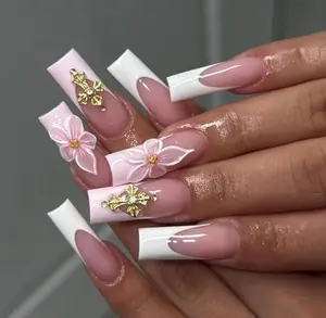 3D Floral Press On Nails: White French Tips, Cross Charm Design Nails, Long Square Nails, Handmade Nail Set