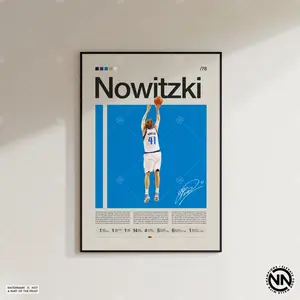 Dirk Nowitzki 41 Blue Poster, Sports Poster, Mid Century Modern, Basketball Gift, Sports Bedroom Posters