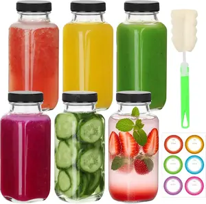 8 oz Glass Juice Bottles with Lids,6 PACK Bottles for Juicing,Square Drinking Jars Glass for Coffee,Cola,Milk,Tea in Travel,Work,School