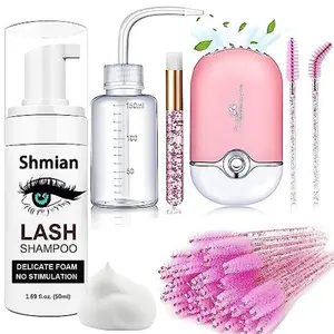 Lash Shampoo for Lash Extensions, 50ml Eyelash Foam Cleanser and 50 Pcs Eyelash Brush and Rinse Bottle Mini Fan Oil Free/Sulfate Free Eyelash Wash Remover For Eyelash Extension Makeup Removel