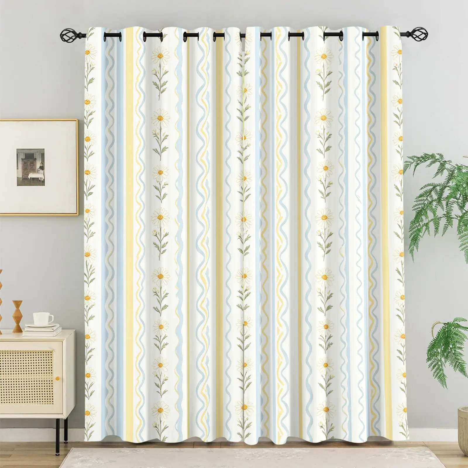 2pcs Korean-style milk fufu daisy striped curtains, 85% blackout rate, high-density fabric for light blocking and sound insulation, noise reduction for privacy, machine washable, cozy bedroom curtains