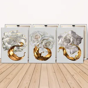 3 Counts Wooden Framed Canvas, Elegant White Rose And Gold Liquid Art Images, Exquisite Poster, Perfect Living Room Decoration, Modern Art, Modern Floral Paintings, Fashion Family Poster, Wall Art Decoration, Waterproof Art