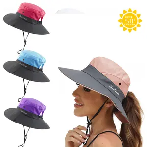 Women's Ponytail Safari Sun Hat,Wide Brim UV Protection Outdoor Bucket Hat,Foldable Beach Summer Fishing Hat