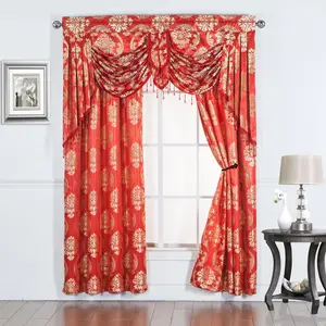 Mina Grommet Curtain with Beaded Swag Valance | Metallic Jacquard Curtains for Elegant Home Decor